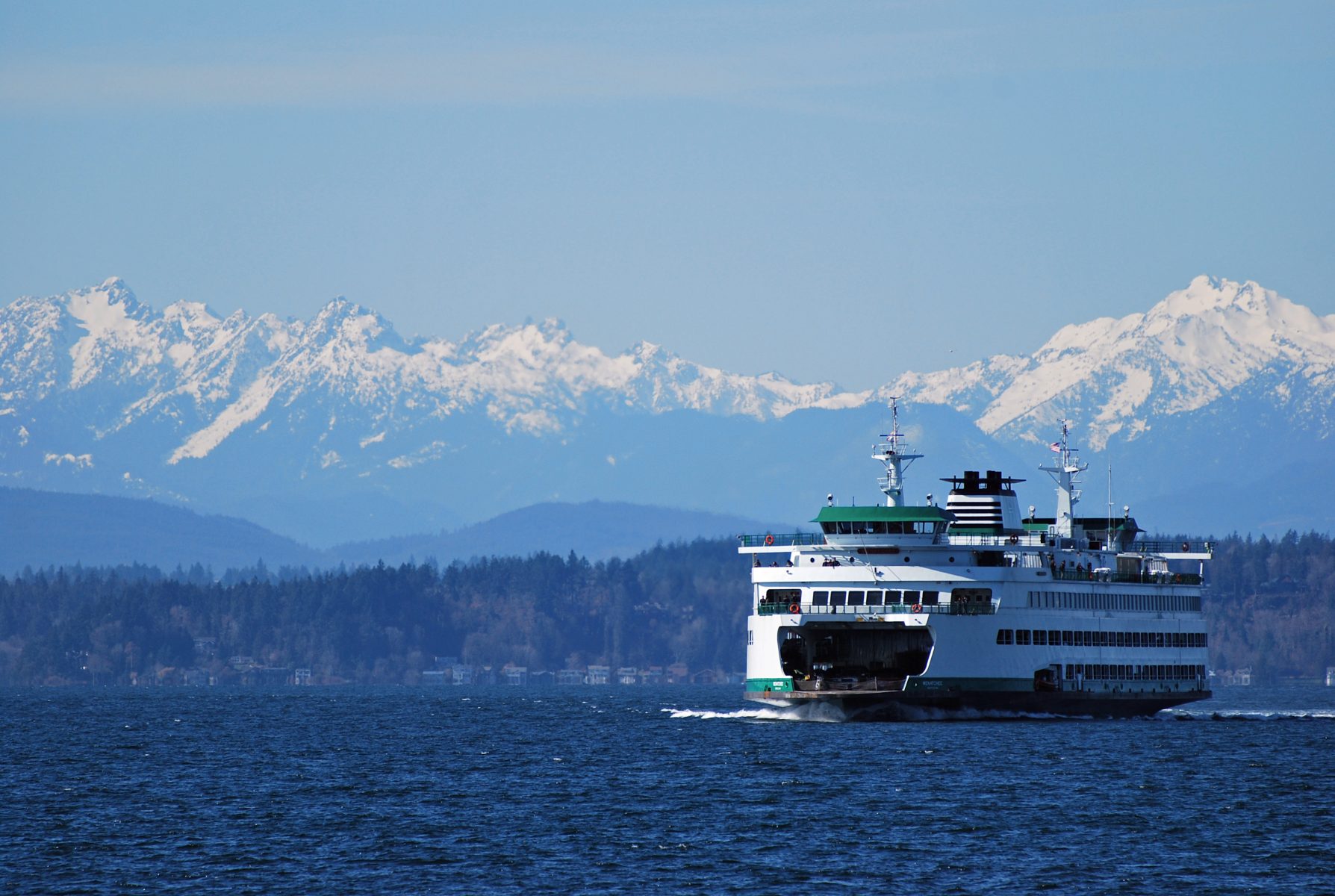Washington State Ferry crossing Puget Sound with Olympic Mountains in the background